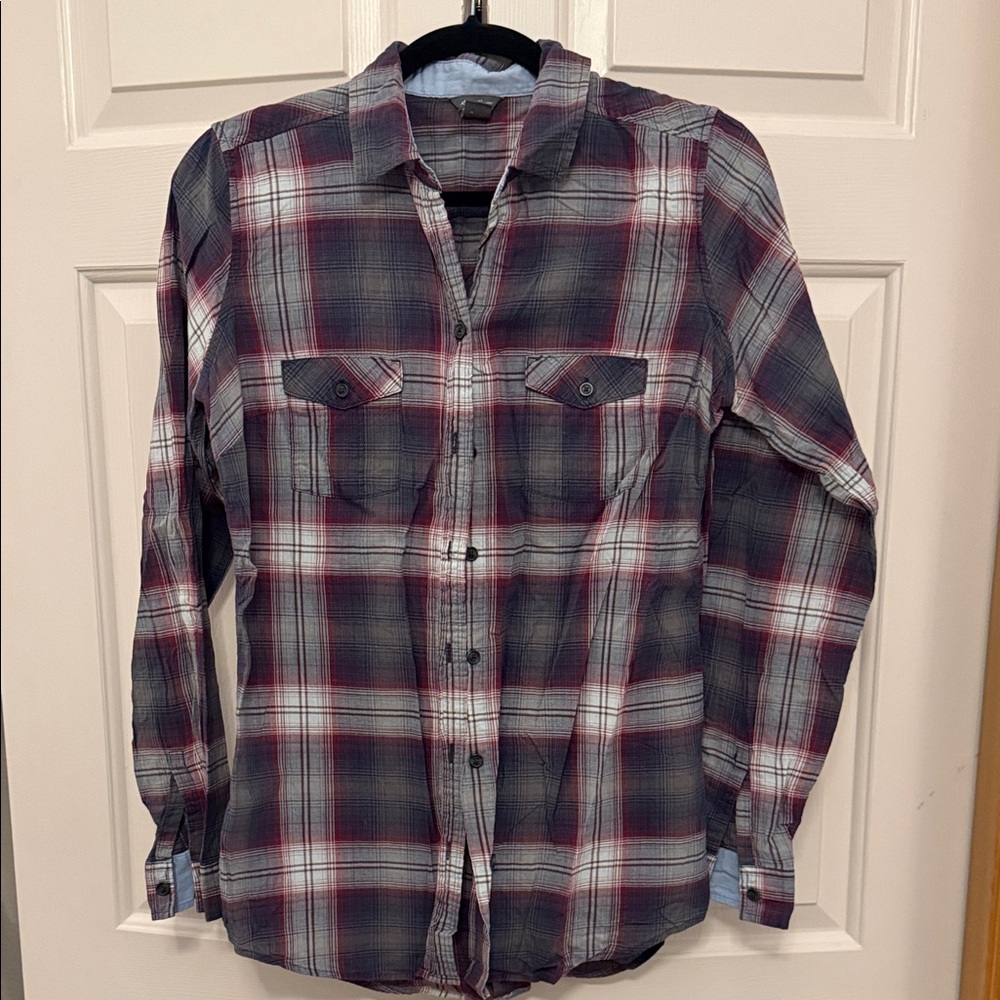 Eddie Bauer Men's Plaid Button-Down Shirt in Burgundy, Gray and White